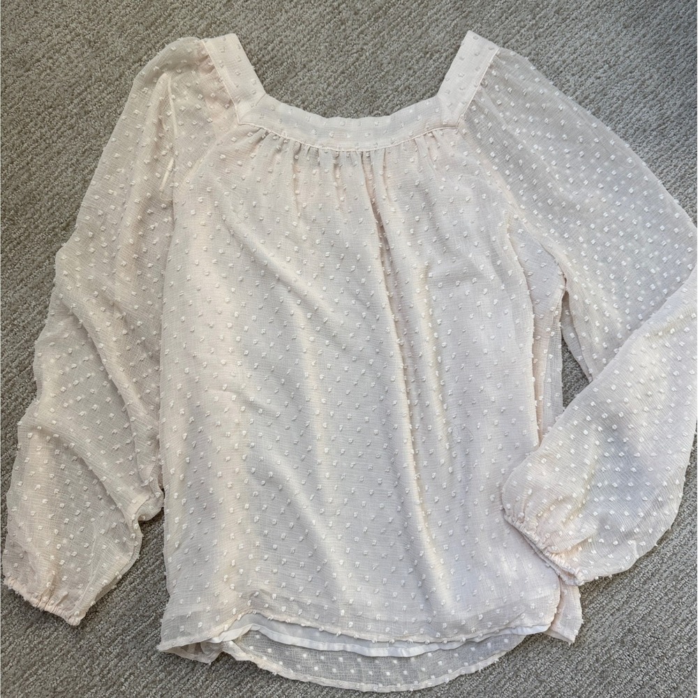 LC Lauren Conrad Swiss Dot Square Neck Blouse Cream Peach XL Long Sleeve - Picture 2 of 7